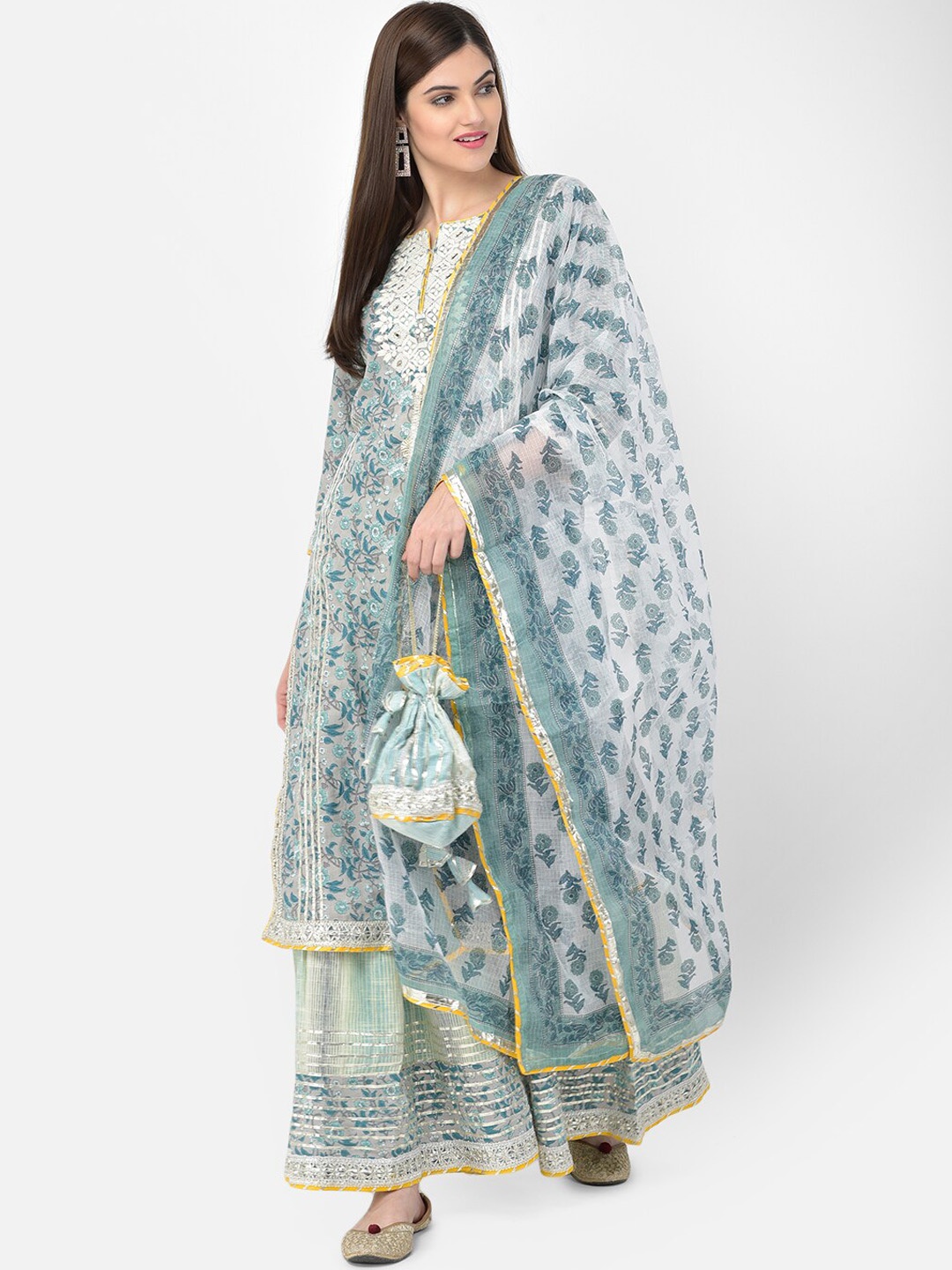 

Neerus Grey Ethnic Motifs Printed Regular Pure Cotton Kurta with Sharara & With Dupatta