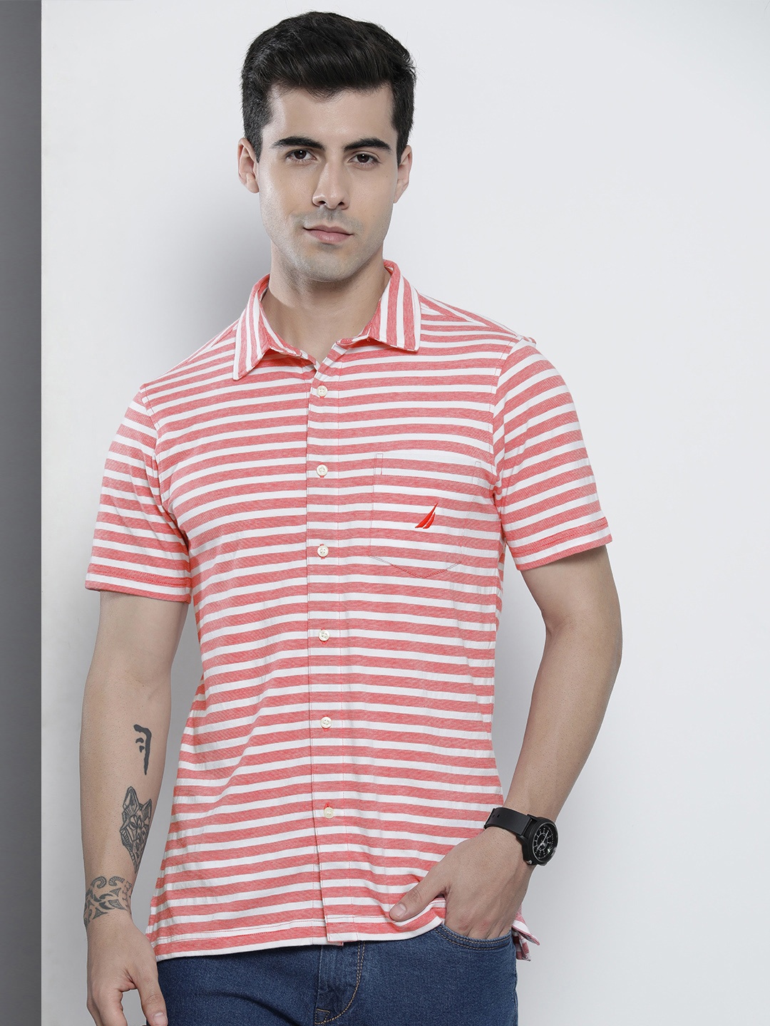 

Nautica Men Red & White Striped Casual Shirt