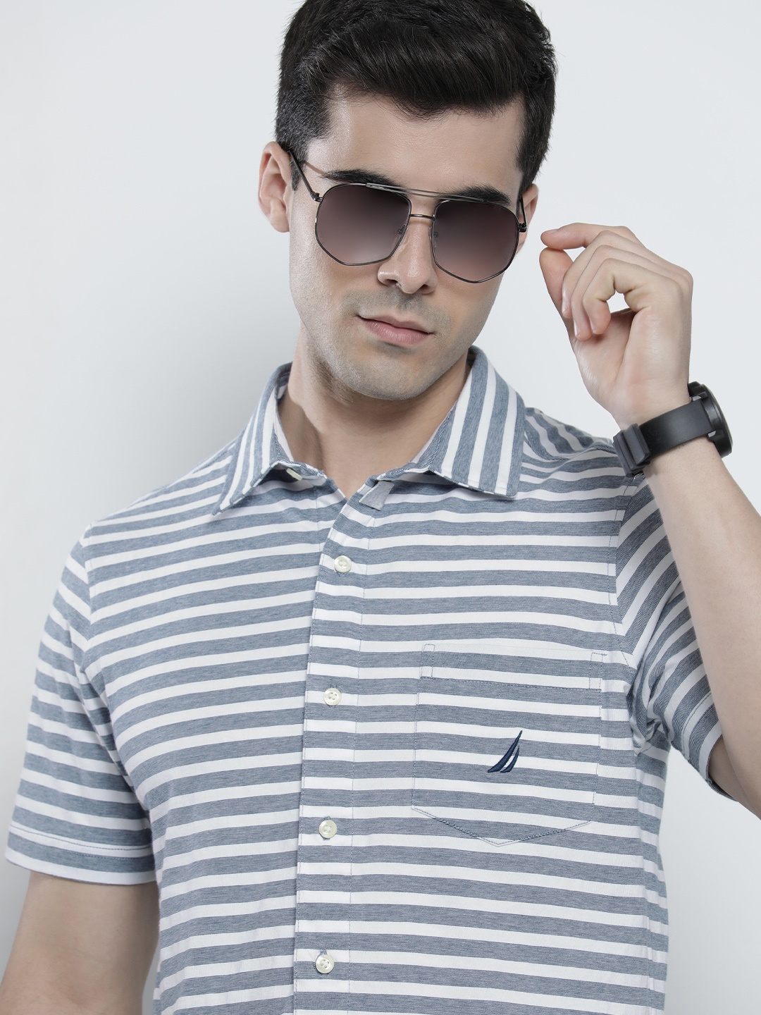 

Nautica Men Blue & White Striped Casual Shirt