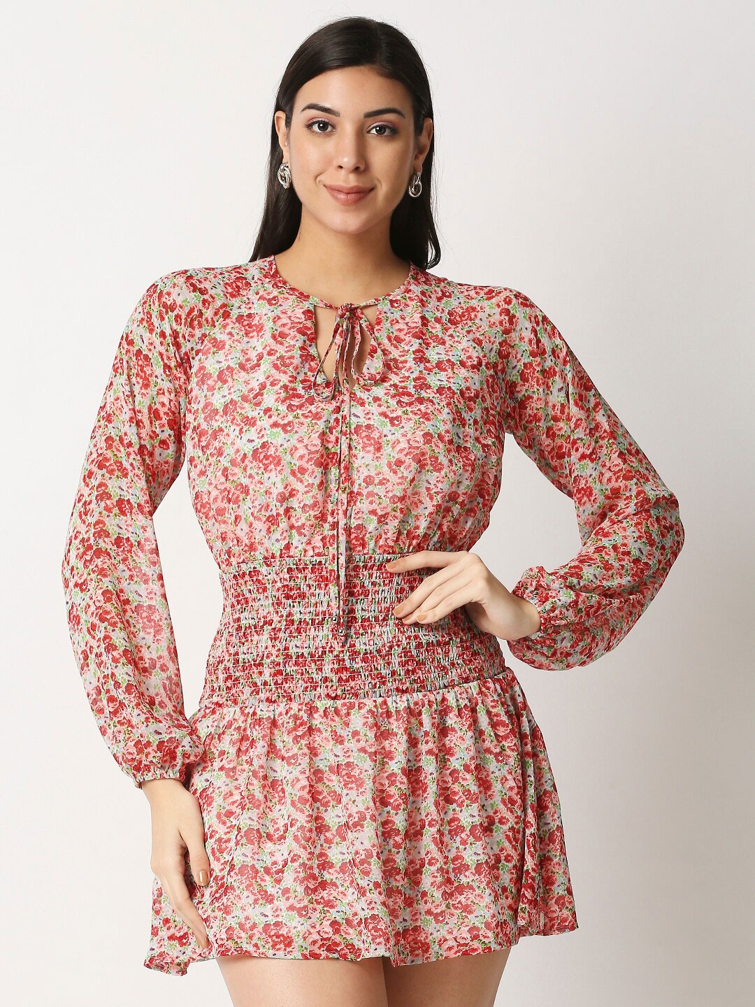 

20Dresses Red & Green Floral Tie-Up Neck Georgette Drop-Waist Mini Dress