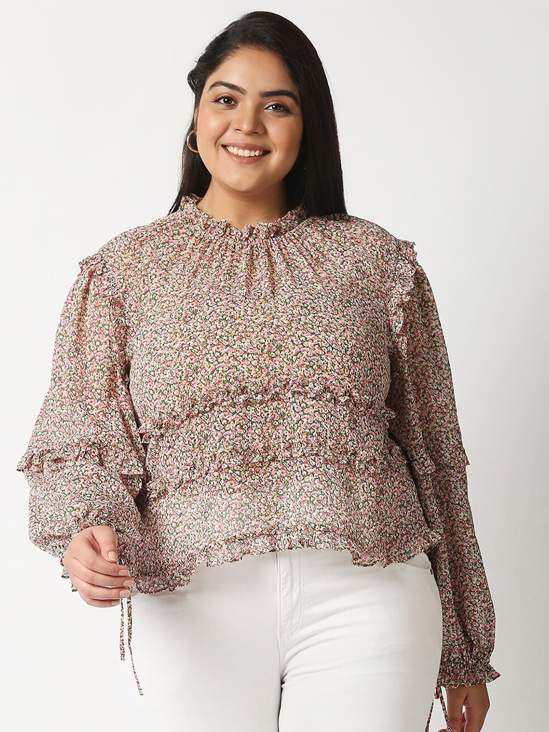 

20Dresses Beige & Pink Floral Chiffon Regular Top