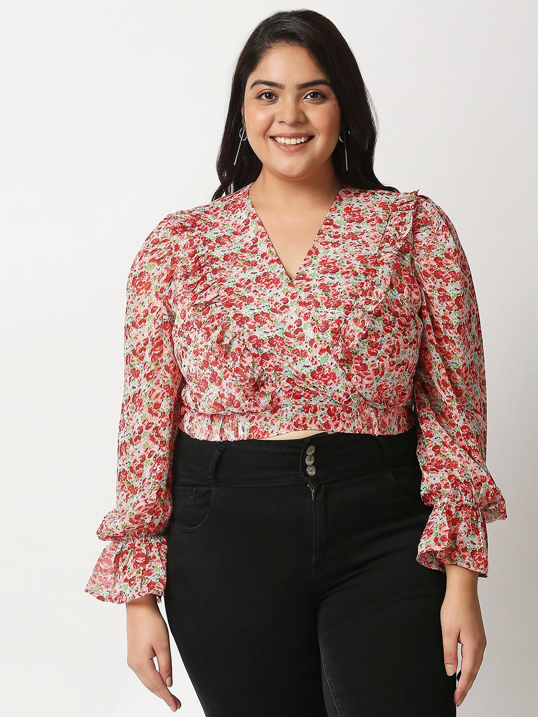

20Dresses Multicoloured Floral Ruffles Georgette Regular Crop Top, Multi