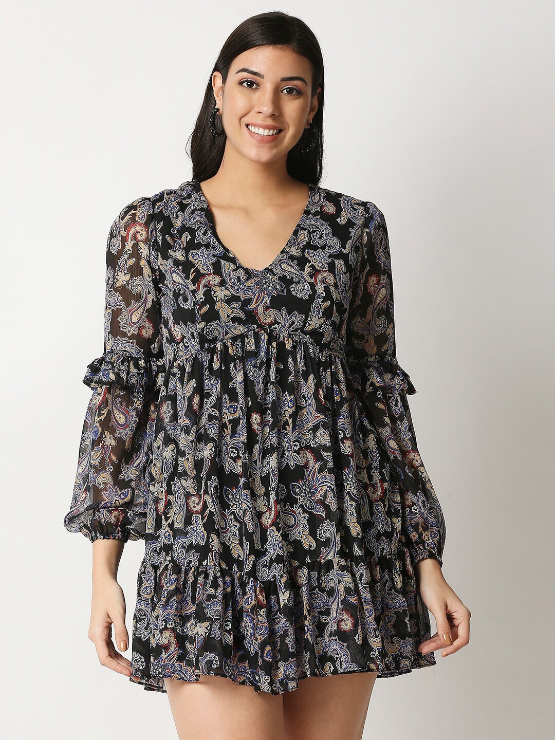 

20Dresses Black Ethnic Motifs Chiffon Empire Mini Dress