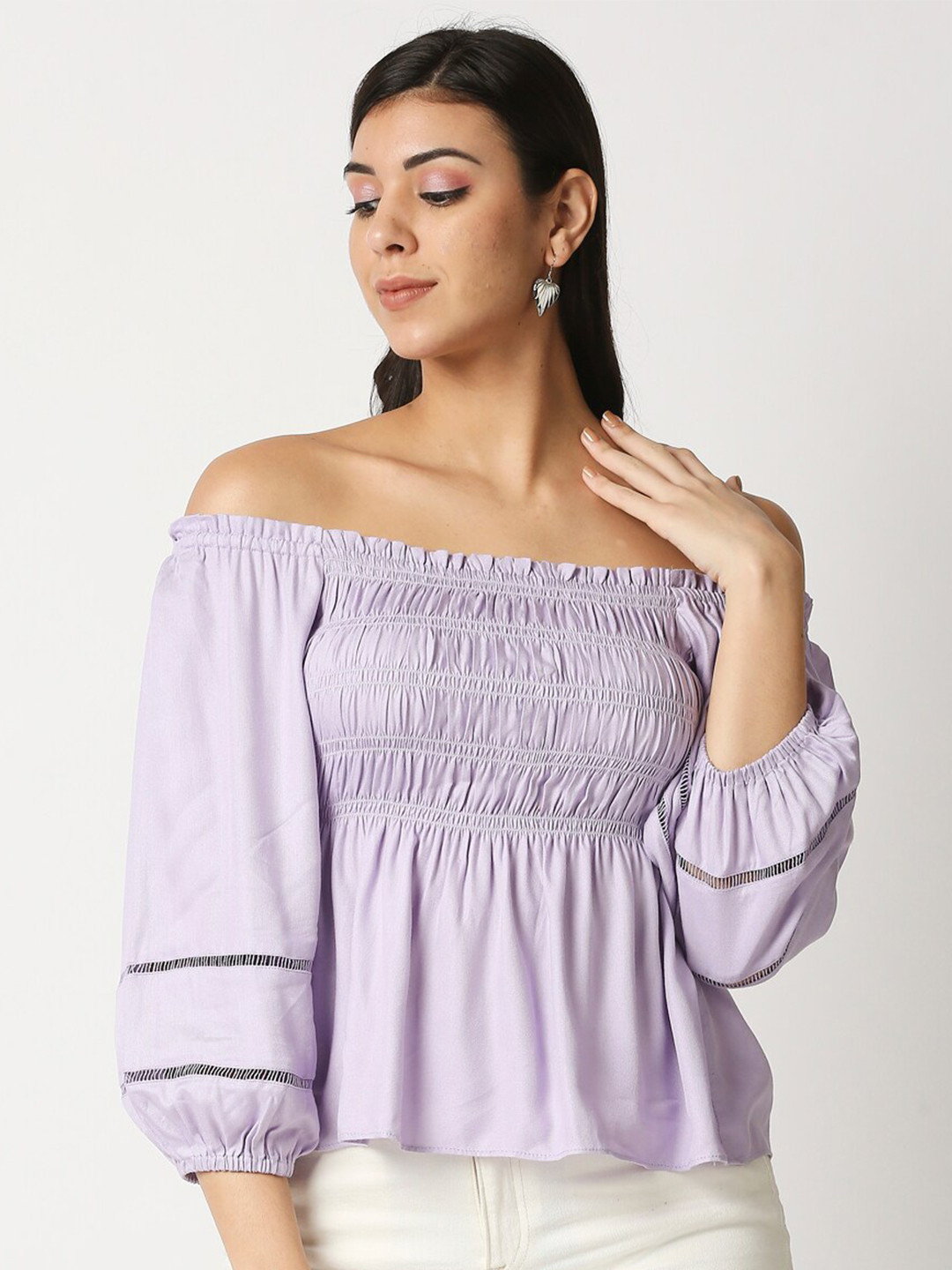 

20Dresses Purple Off-Shoulder Smocked Bardot Top