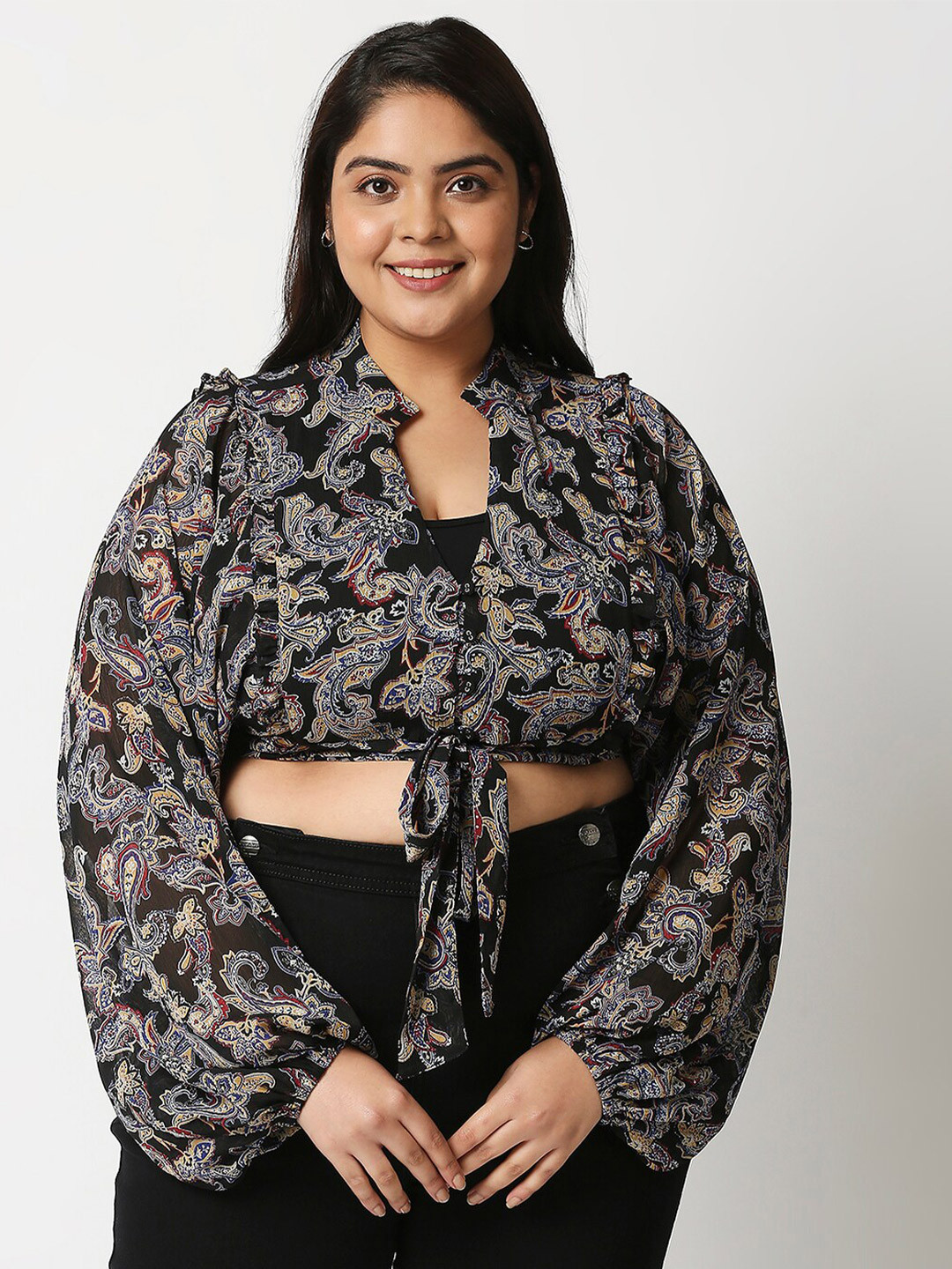 

20Dresses Plus Size Black & Beige Floral Printed Bohemian Chiffon Crop Top