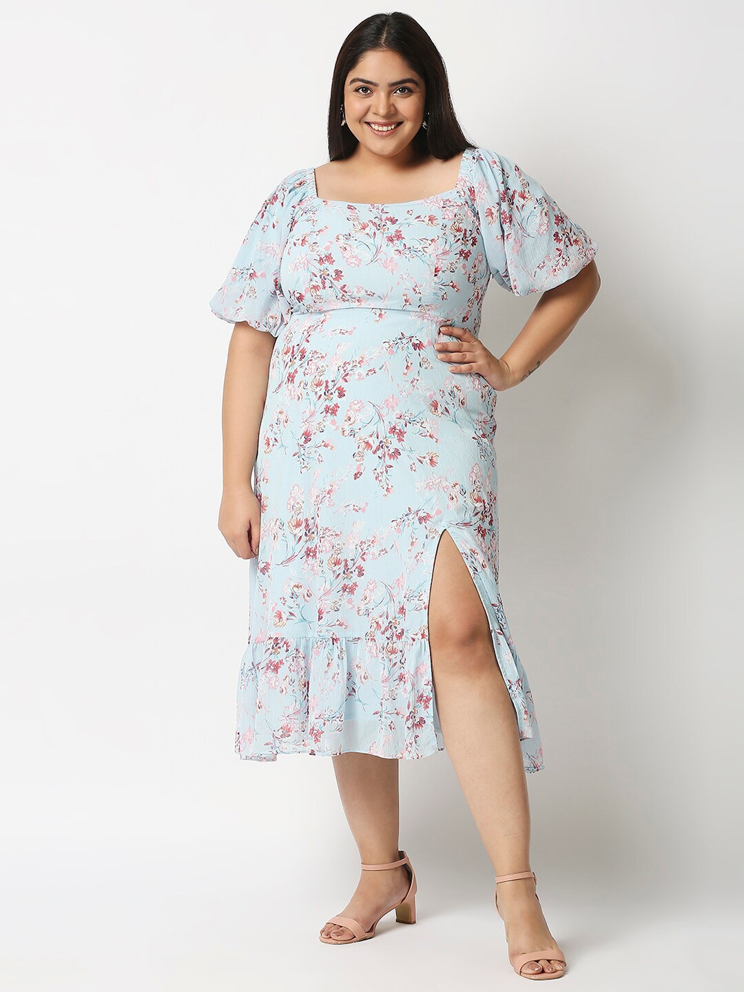 

20Dresses Blue Floral Chiffon A-Line Midi Dress