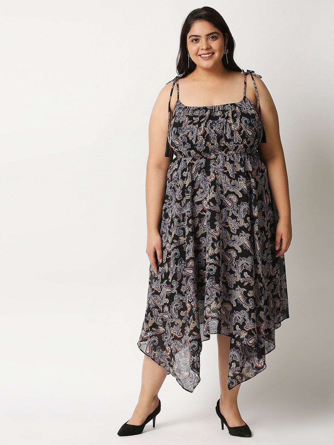 

20Dresses Black Ethnic Motifs Chiffon Midi Dress