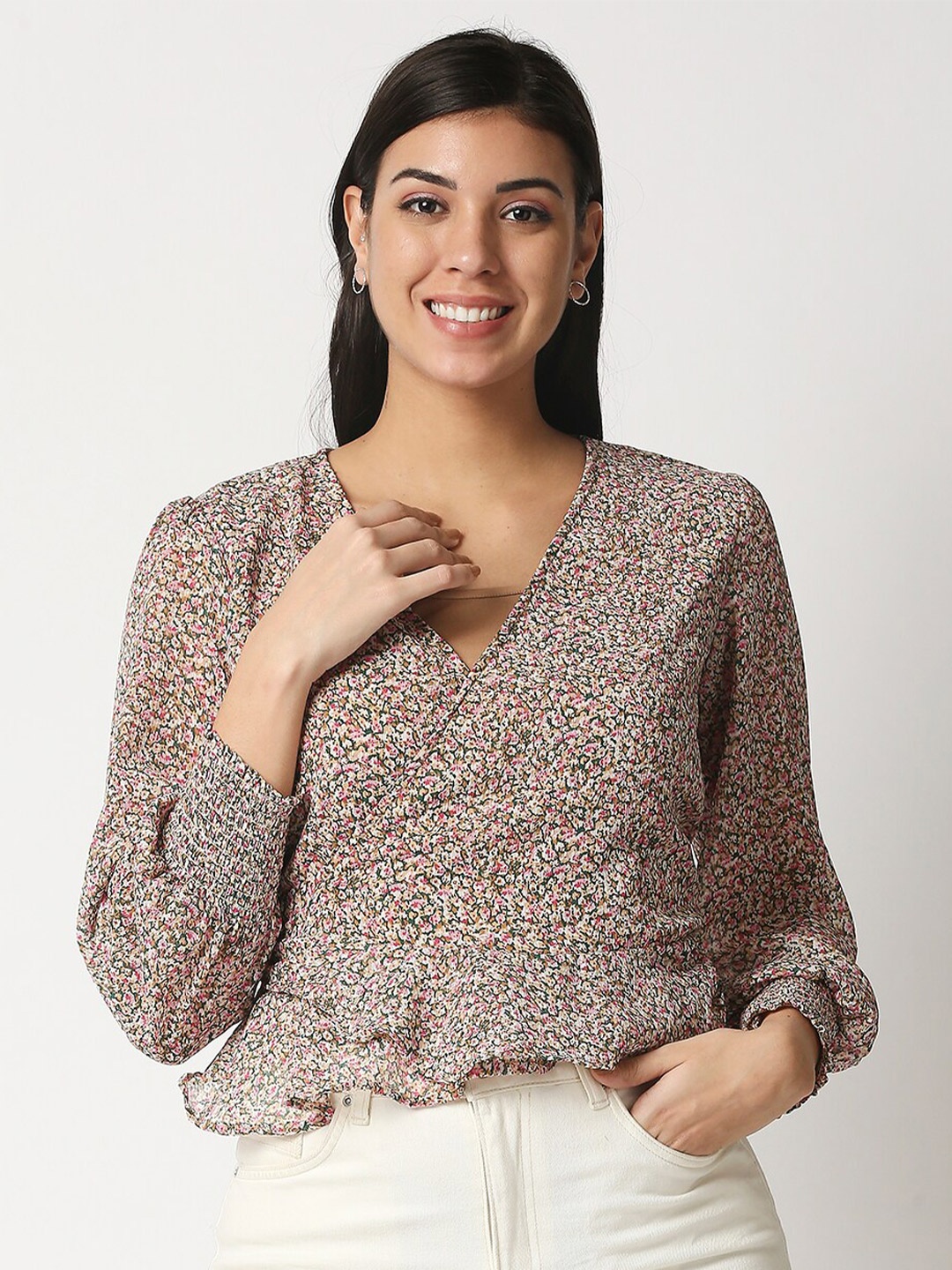 

20Dresses Beige & Pink Micro Ditsy Printed Chiffon Wrap Top