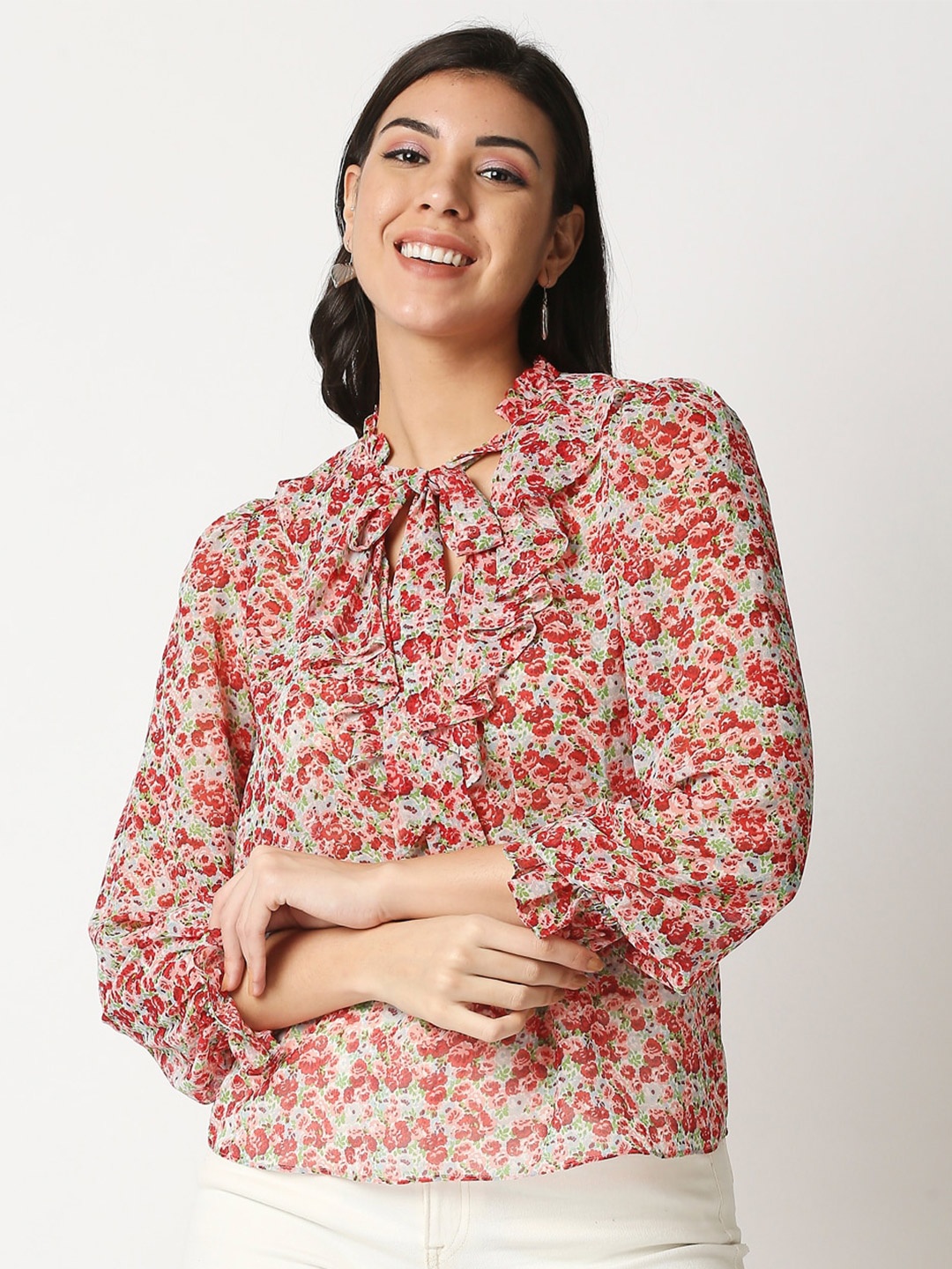 

20Dresses Multicoloured Floral Tie-Up Neck Ruffles Georgette Regular Top, Multi