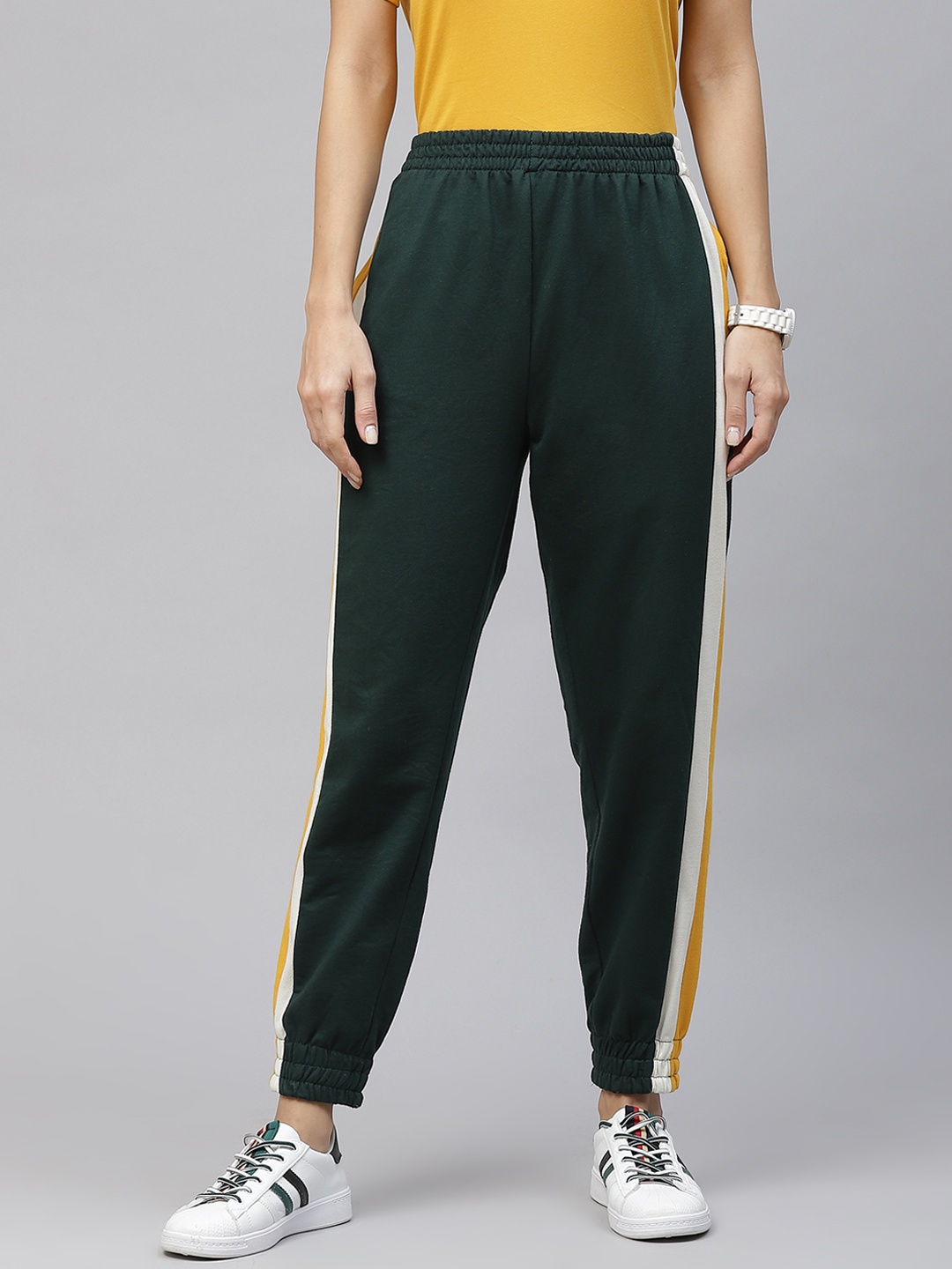 

Laabha Women Olive Green & White Solid Joggers with Side Taping Detail