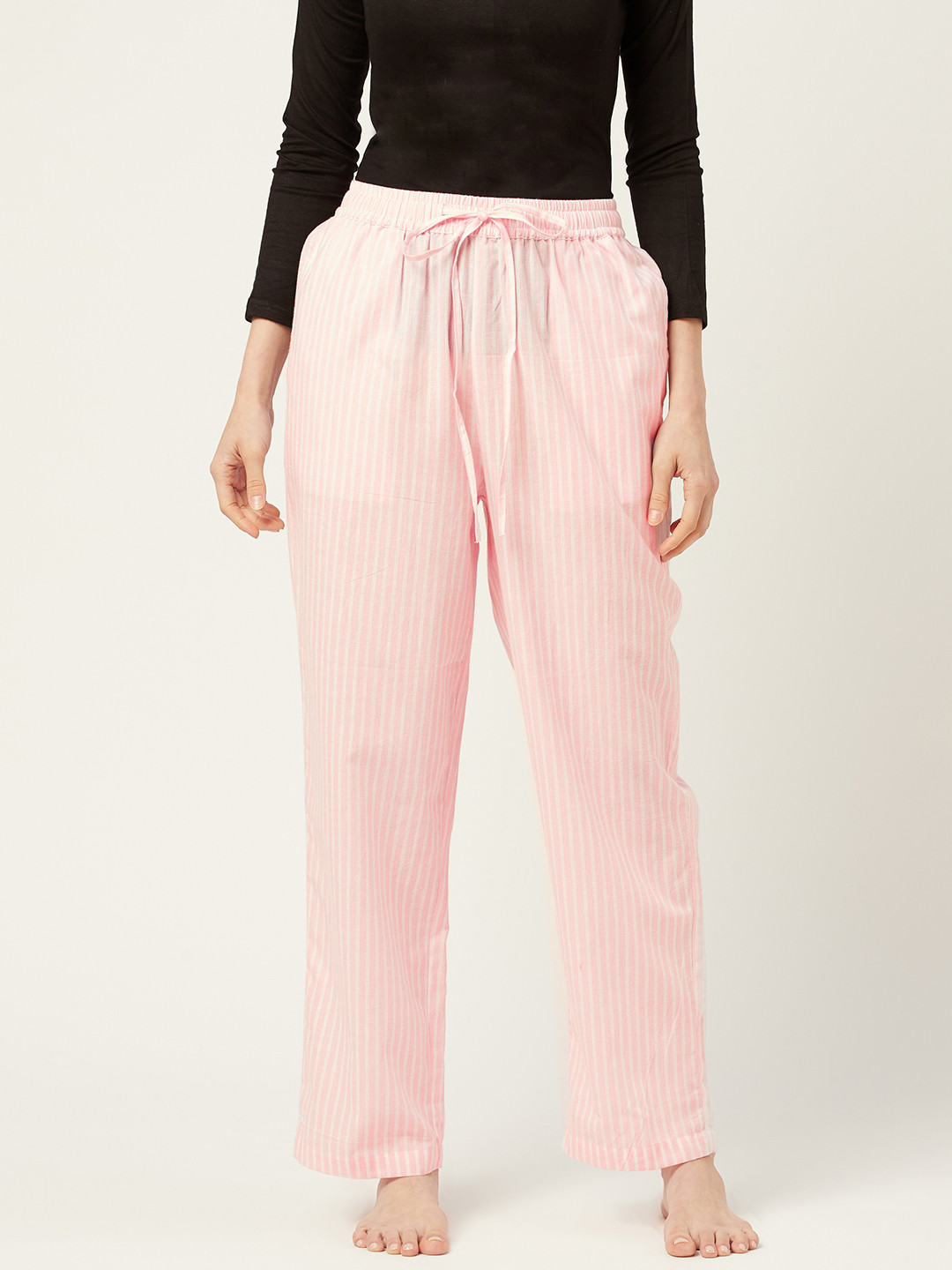 

Not Just Pyjamas Women Pink & White Striped Cotton Lounge Pants