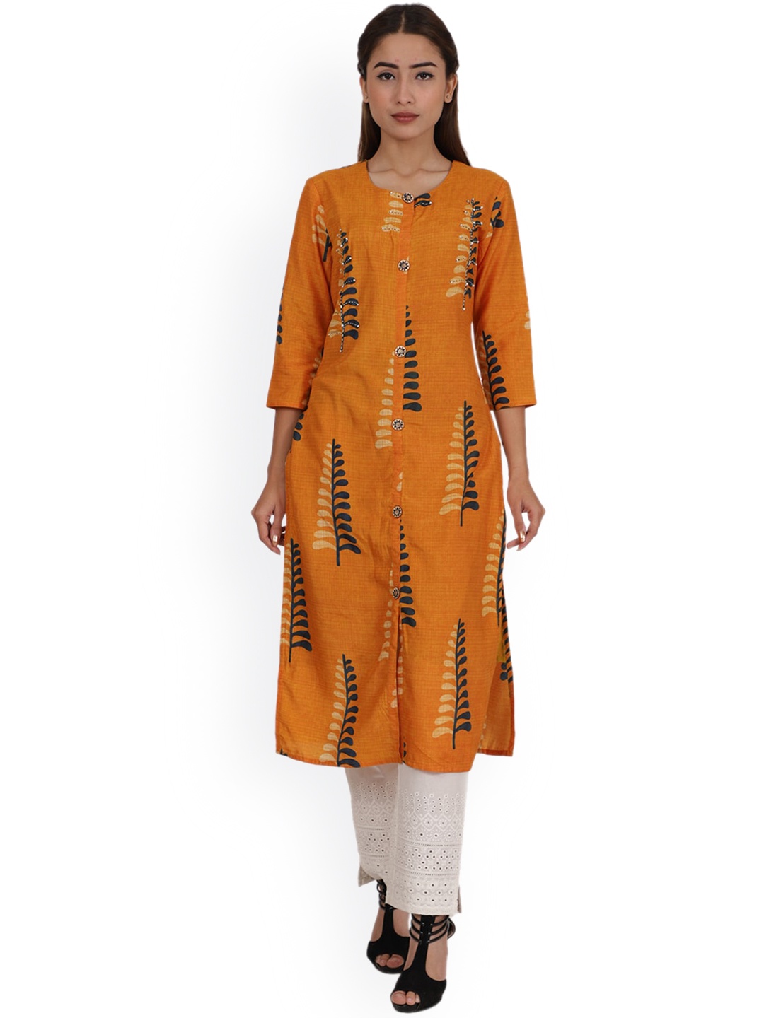 

DIVYANK Women Mustard Yellow Dyed Flared Sleeves Patchwork Kurta