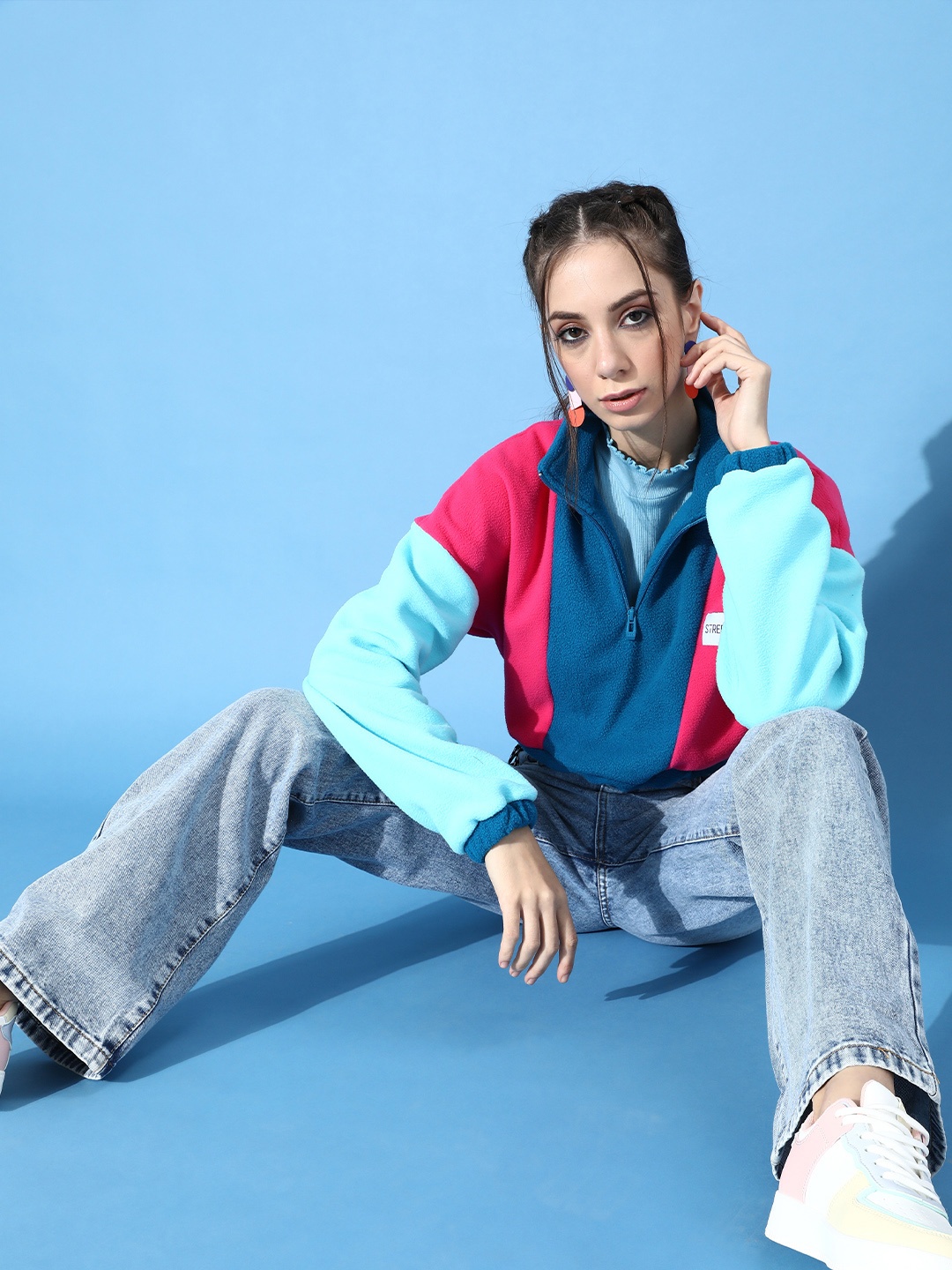 

STREET 9 Women Pretty Pink Colourblocked Cropped Sweatshirt