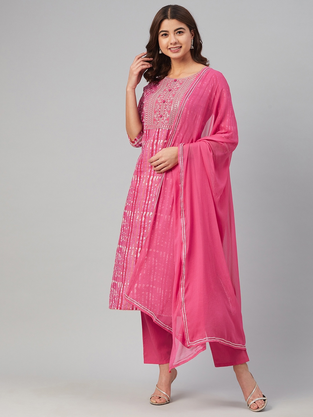 

Yuris Women Pink Striped Regular Pure Cotton Kurta with Trousers & Dupatta