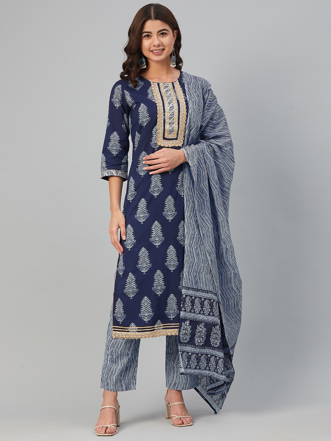

Yuris Women Navy Blue Printed Gotta Patti Pure Cotton Kurta with Trousers & Dupatta