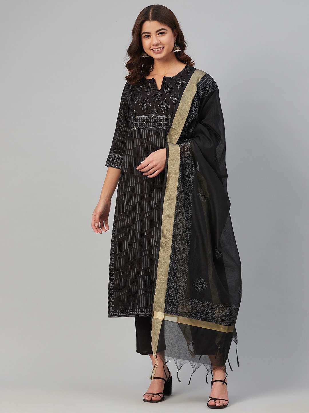 

Yuris Women Black Striped Regular Sequinned Pure Cotton Kurta with Trousers & Dupatta