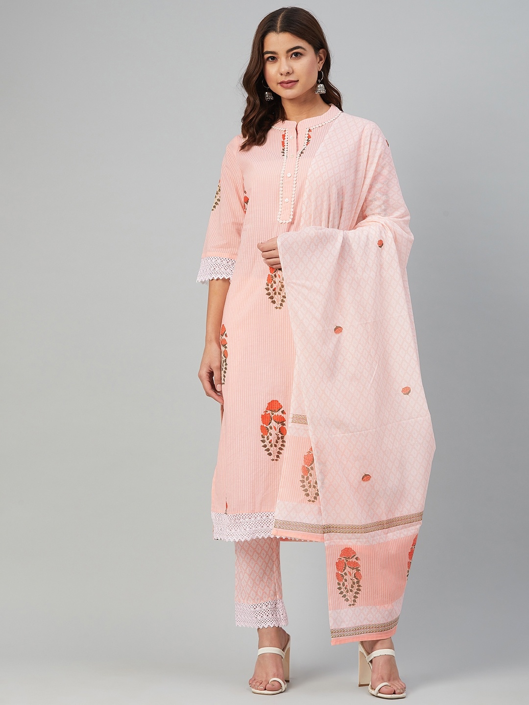 

Yuris Women Peach-Coloured Striped Regular Pure Cotton Kurta with Trousers & Dupatta