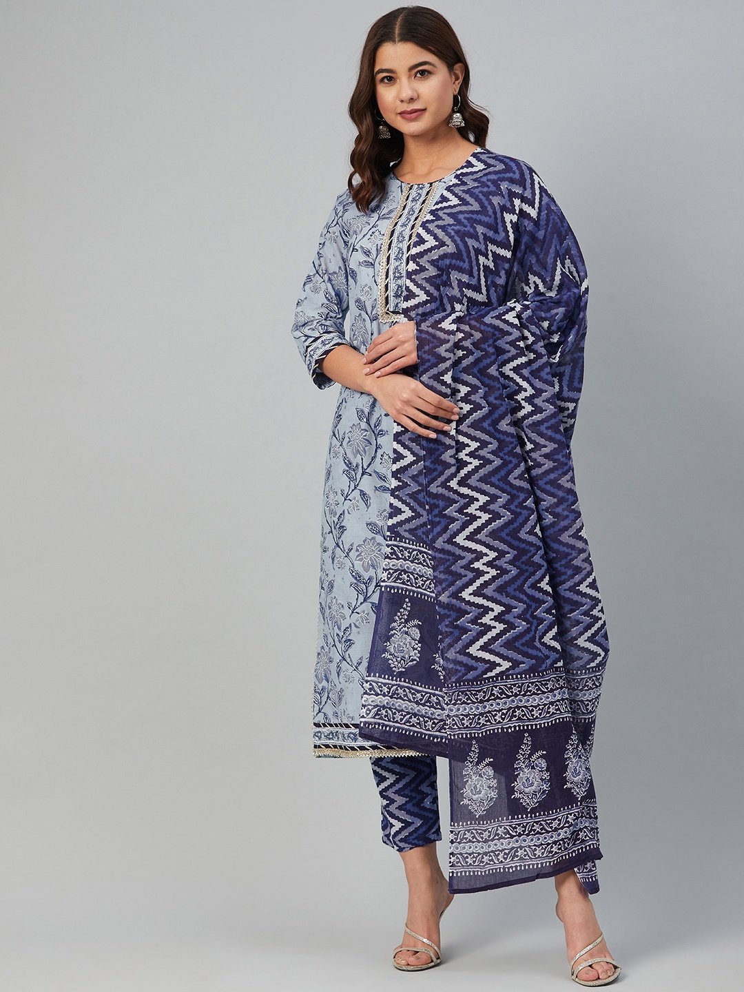 

Yuris Women Blue Printed Layered Gotta Patti Pure Cotton Kurta with Trousers & Dupatta