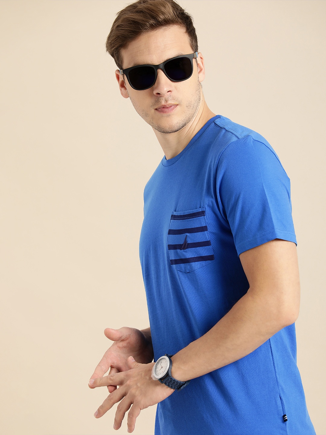 

Nautica Men Blue Solid Round Neck Pure Cotton T-shirt with Pocket Detail