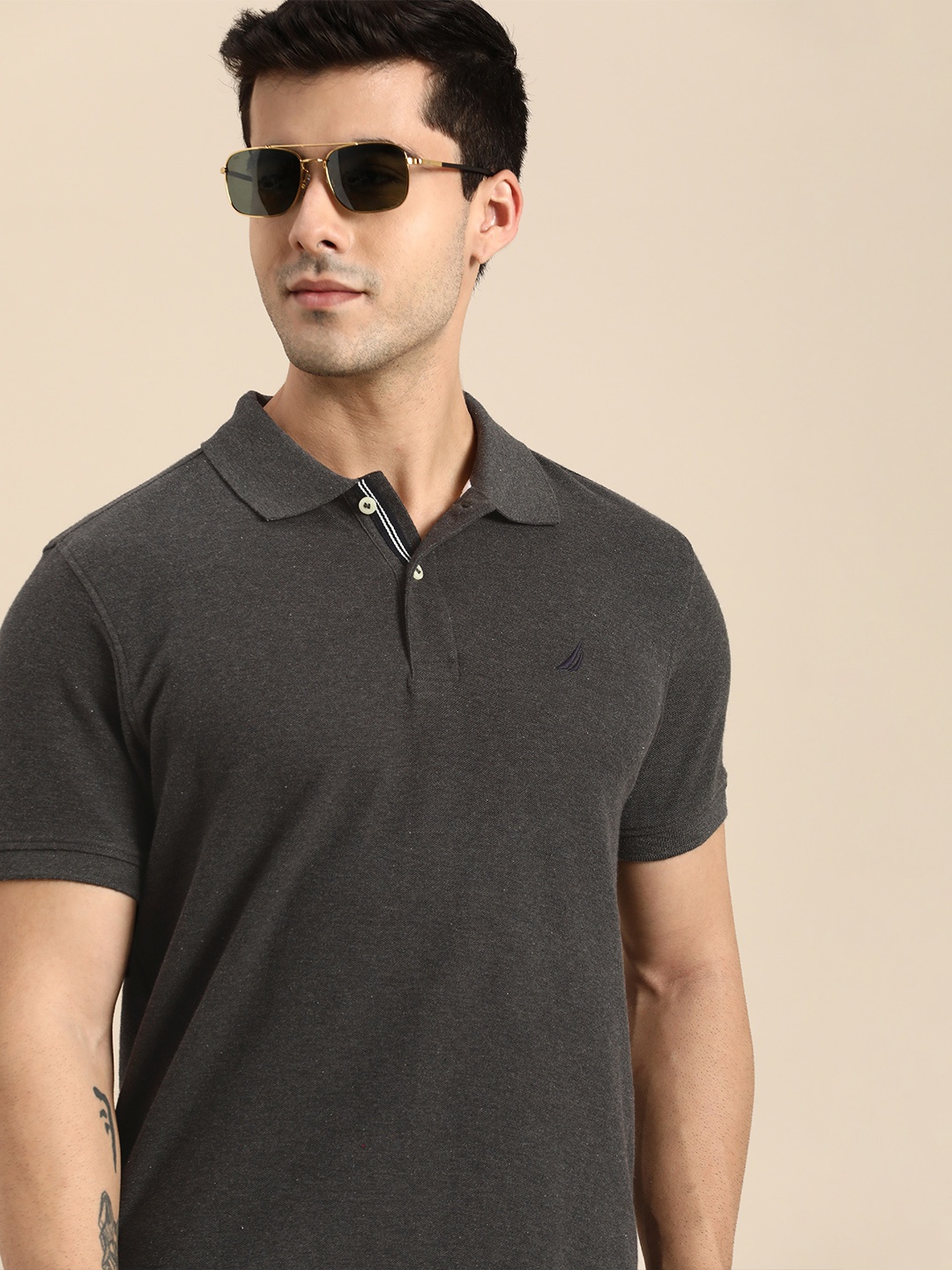 

Nautica Men Charcoal Grey Polo Collar Pure Cotton Slim Fit T-shirt