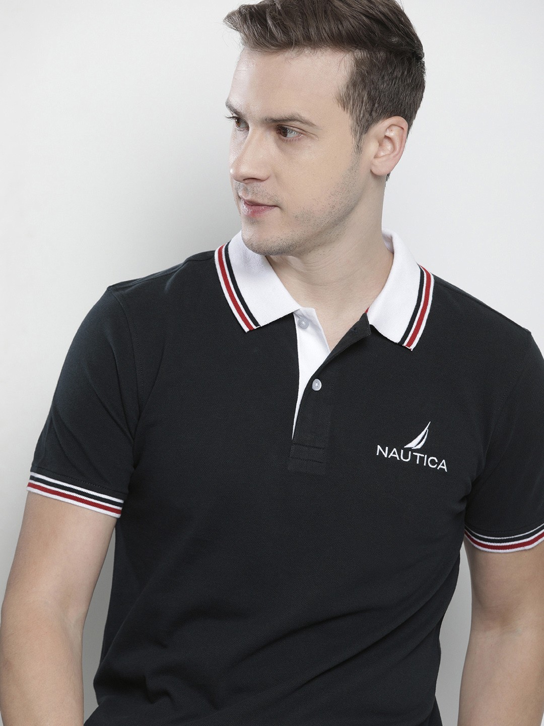 

Nautica Men Navy Blue & White Embroidered Polo Collar T-shirt