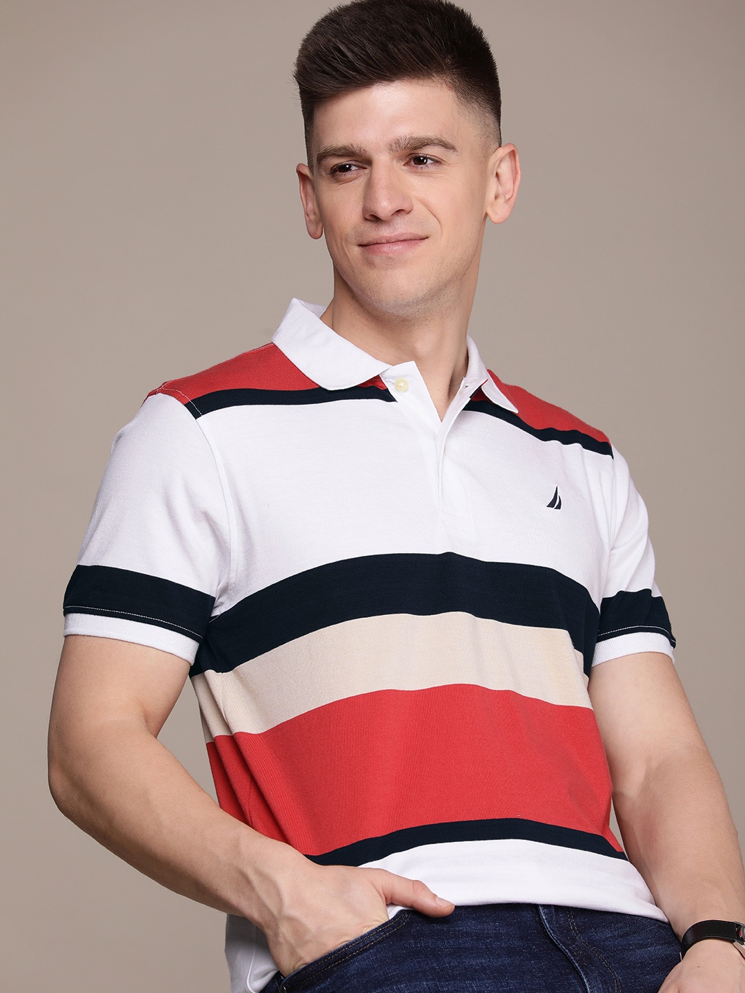 

Nautica Men White & Beige Colourblocked Polo Collar Slim Fit Pure Cotton Casual T-shirt