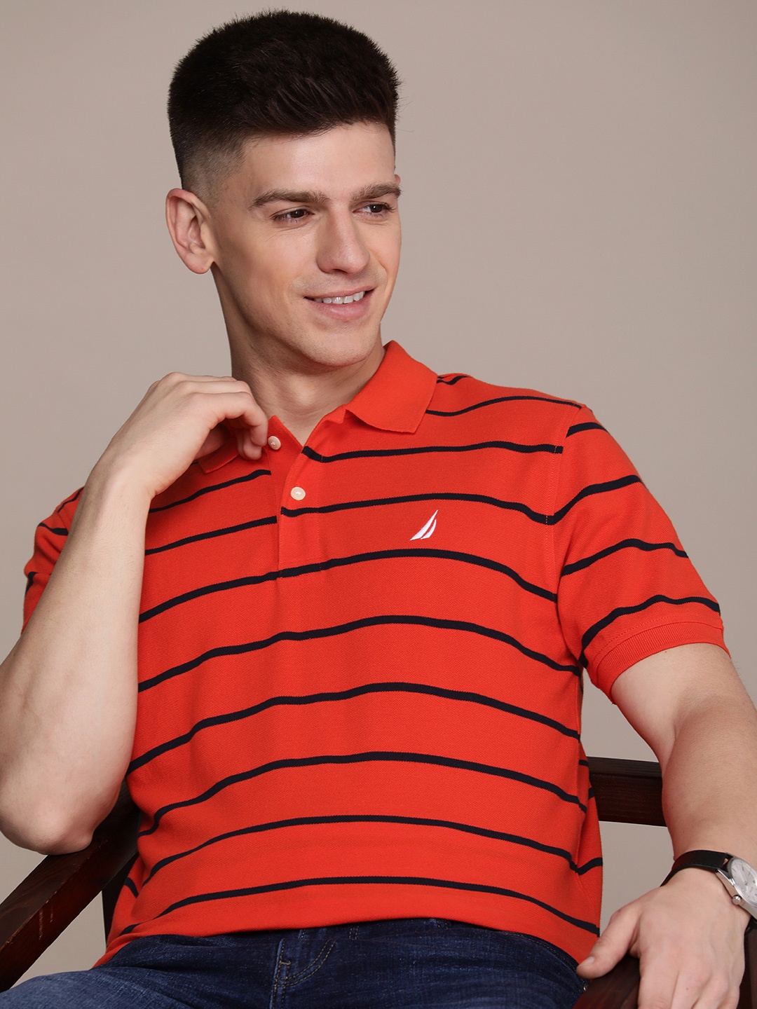 

Nautica Men Orange & Navy Blue Striped Polo Collar Pure Cotton Slim Fit T-shirt