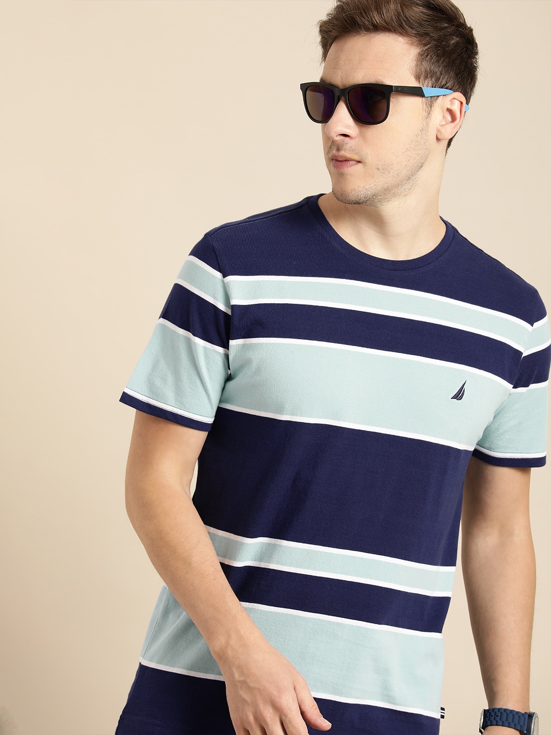 

Nautica Men Blue Striped Round Neck Pure Cotton Slim Fit T-shirt, Navy blue