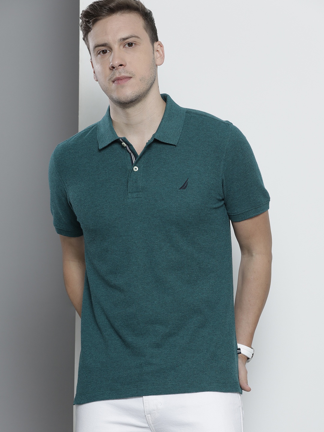 

Nautica Men Teal Blue Polo Collar Pure Cotton Casual T-shirt