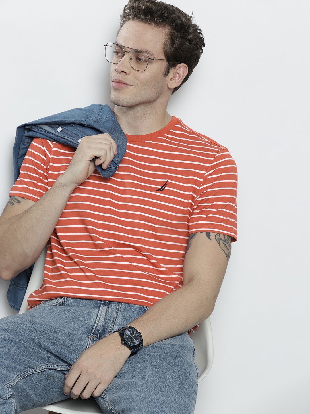 

Nautica Men Rust Brown & White Striped Pure Cotton Slim Fit T-shirt