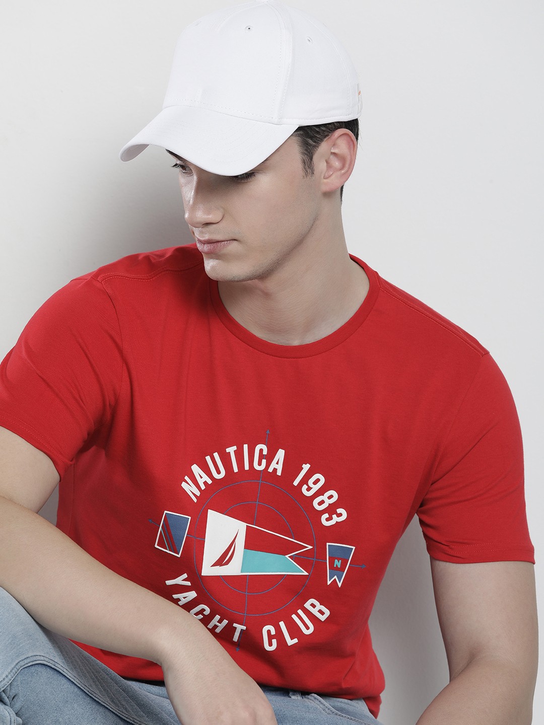 

Nautica Men Brand Logo Print Round Neck Pure Cotton T-shirt, Red