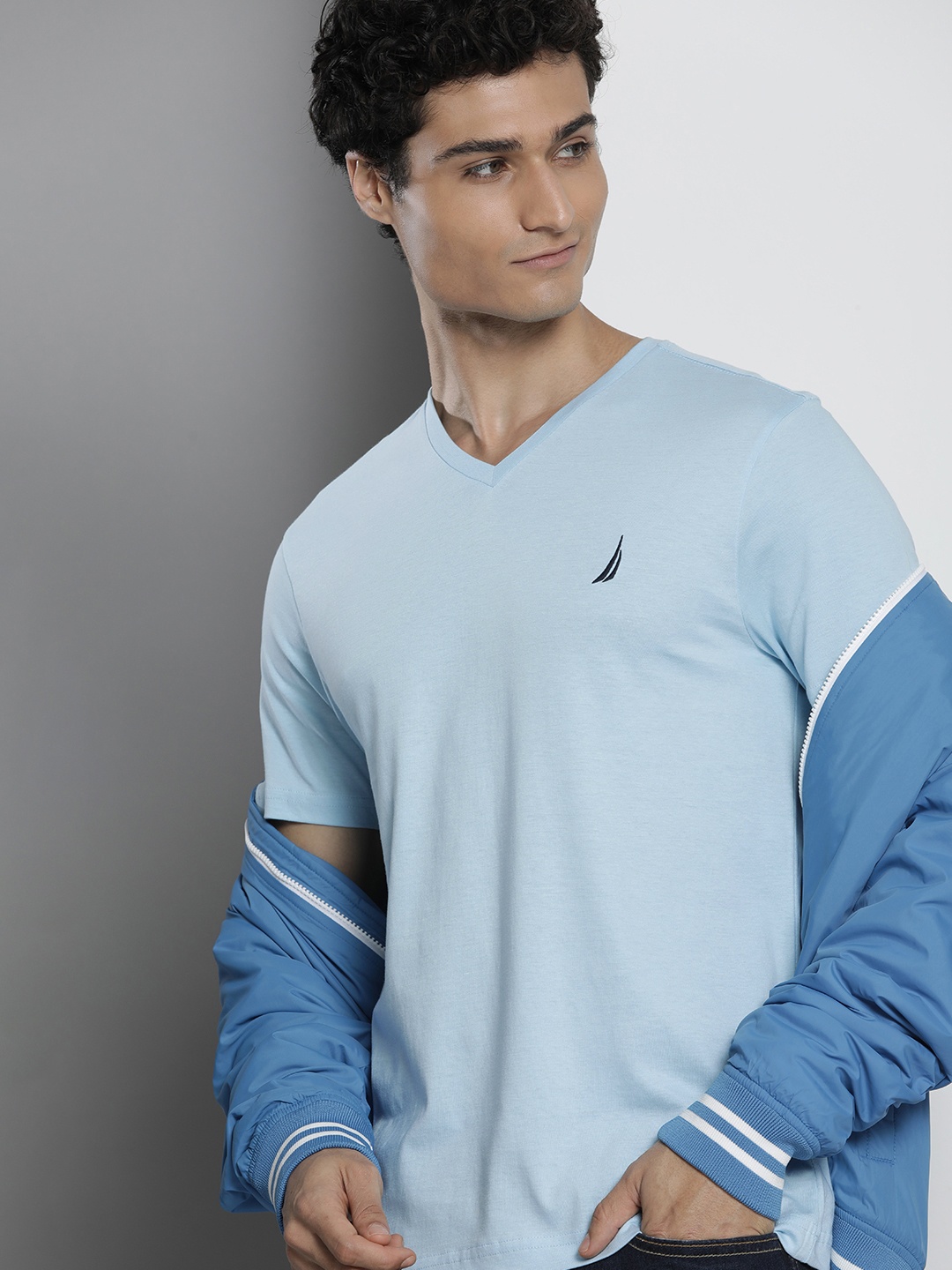 

Nautica Men V-Neck Pure Cotton Slim Fit T-shirt, Blue