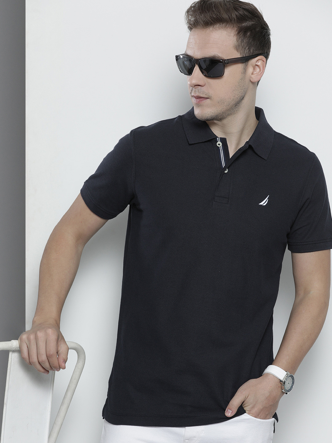 

Nautica Men Navy Blue Solid Polo Collar Pure Cotton T-shirt