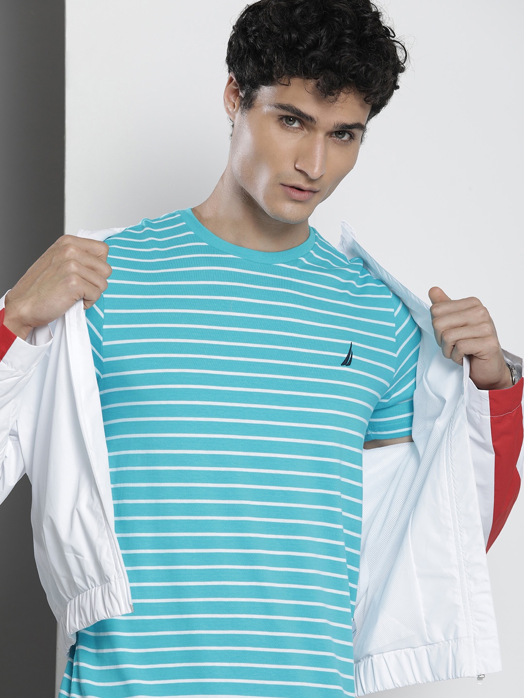 

Nautica Men Brand Logo Striped Pure Cotton Slim Fit T-shirt, Blue