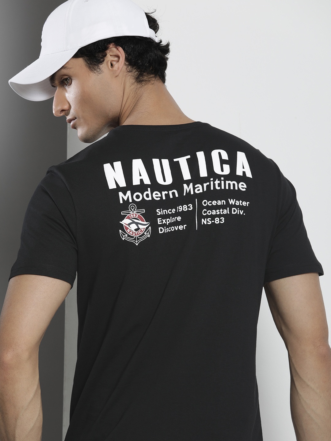

Nautica Men Brand Logo Printed Pure Cotton T-shirt, Black