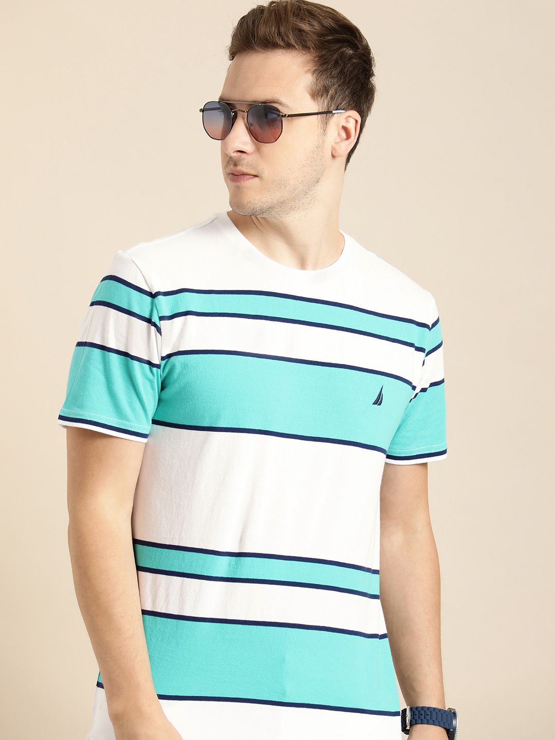 

Nautica Men White & Blue Striped Round Neck Pure Cotton T-shirt