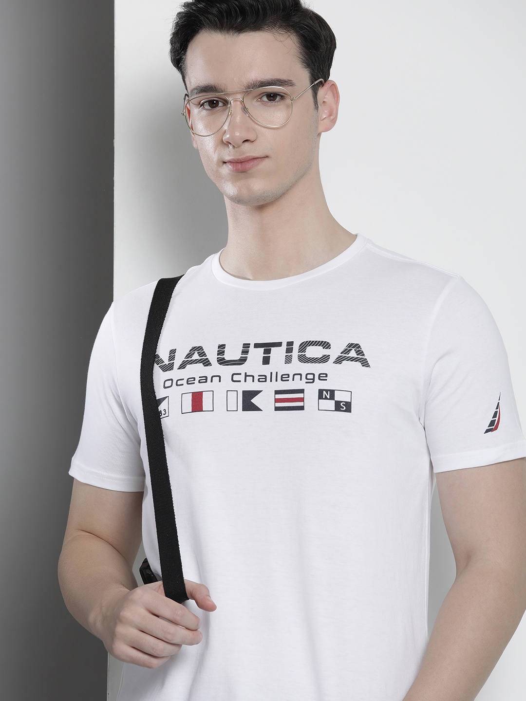 

Nautica Men Brand Logo Print Round Neck Pure Cotton T-shirt, White