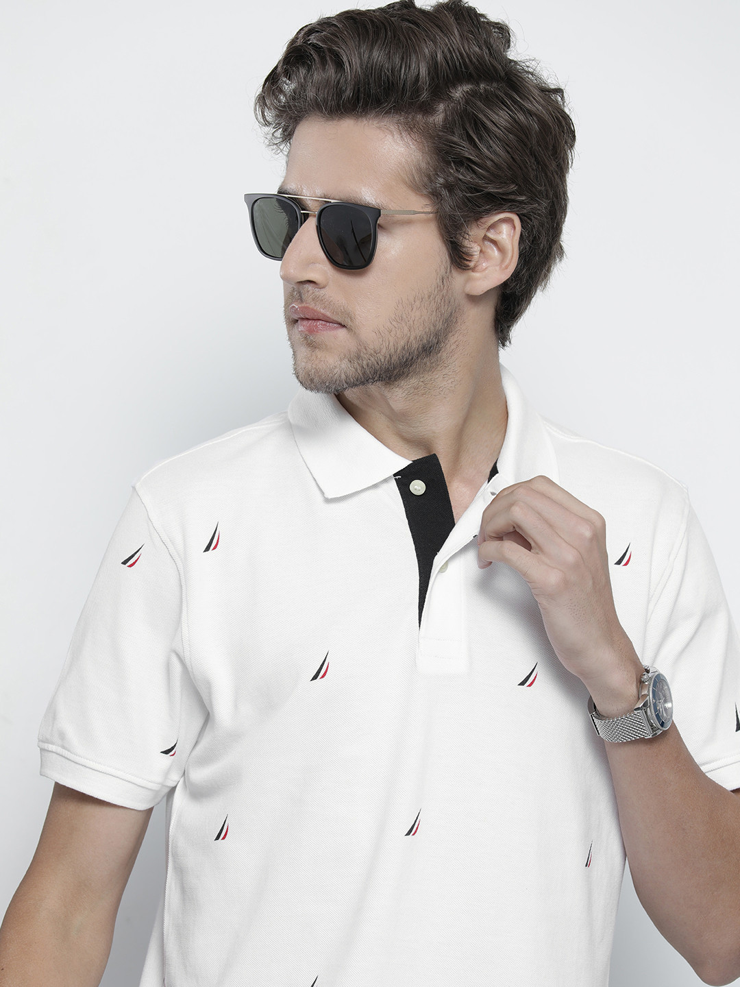 

Nautica Men White Brand Logo Print Polo Collar Pure Cotton T-shirt