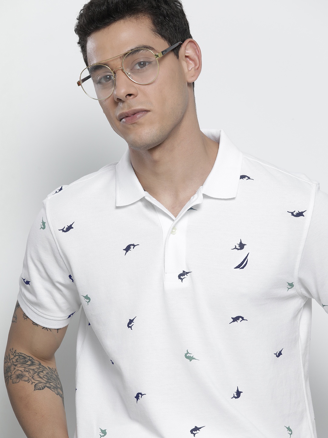 

Nautica Men White Conversational Print Polo Collar Pure Cotton Slim Fit T-shirt