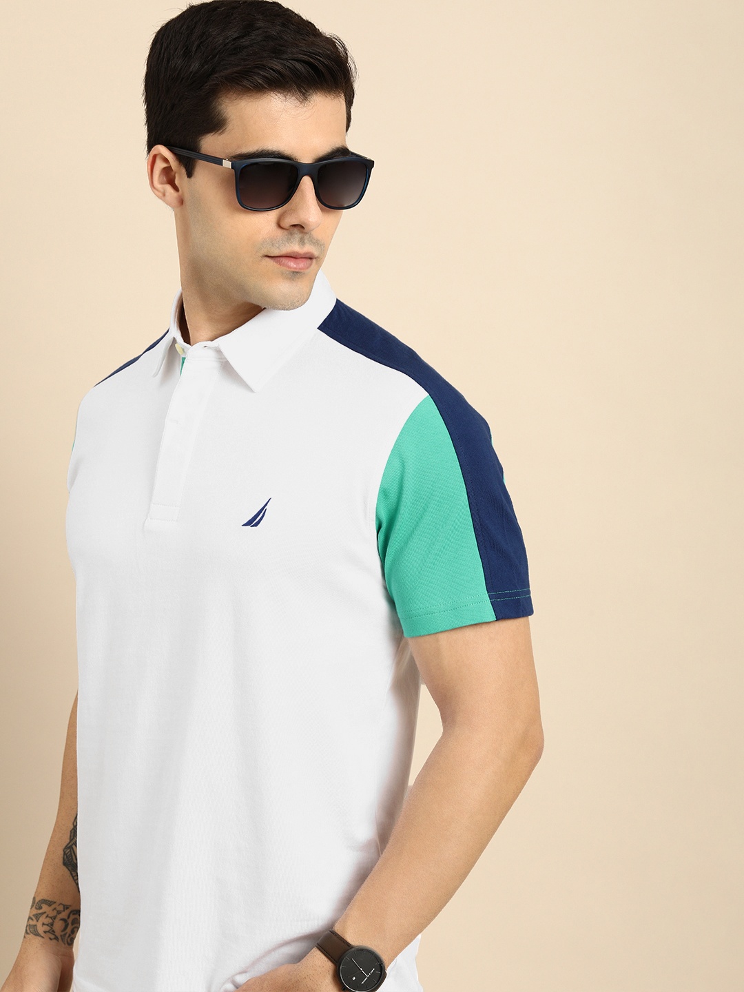 

Nautica Men White Contrast Sleeves Pure Cotton Polo Collar T-shirt