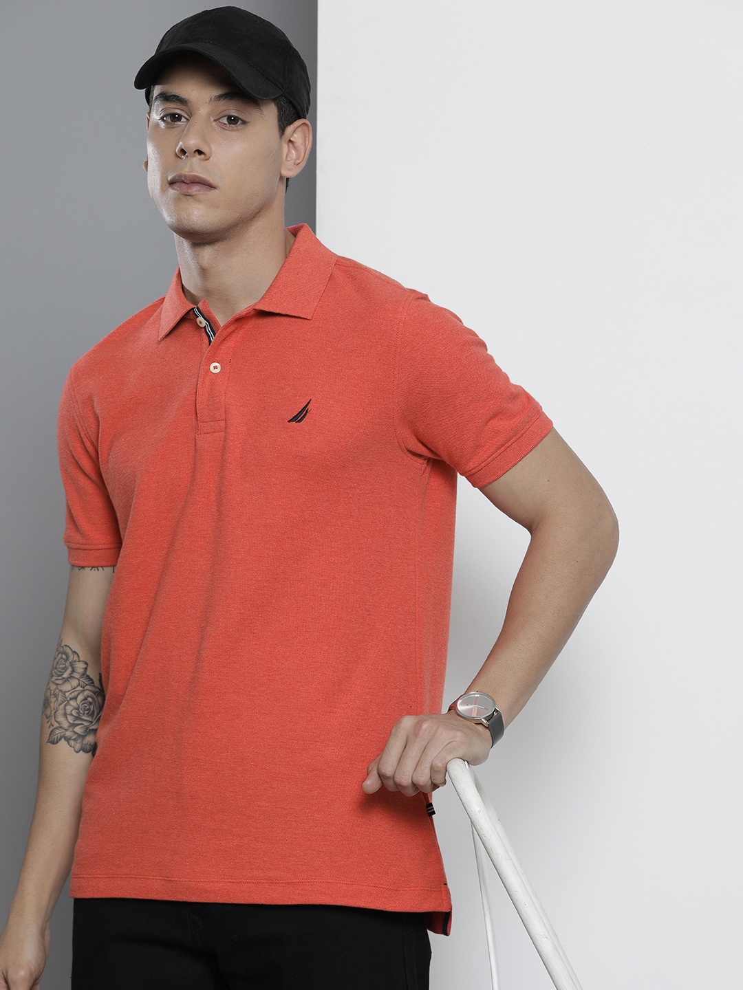 

Nautica Men Coral Red Solid Polo Collar Pure Cotton T-shirt