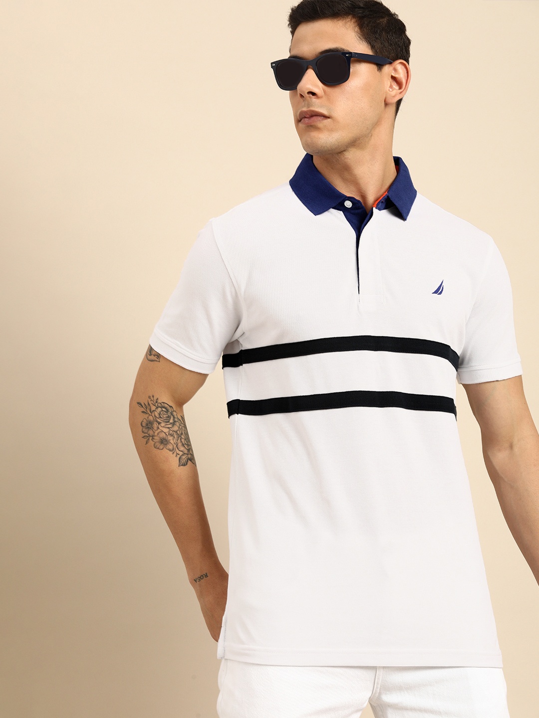 

Nautica Men White & Black Striped Polo Collar Pure Cotton T-shirt