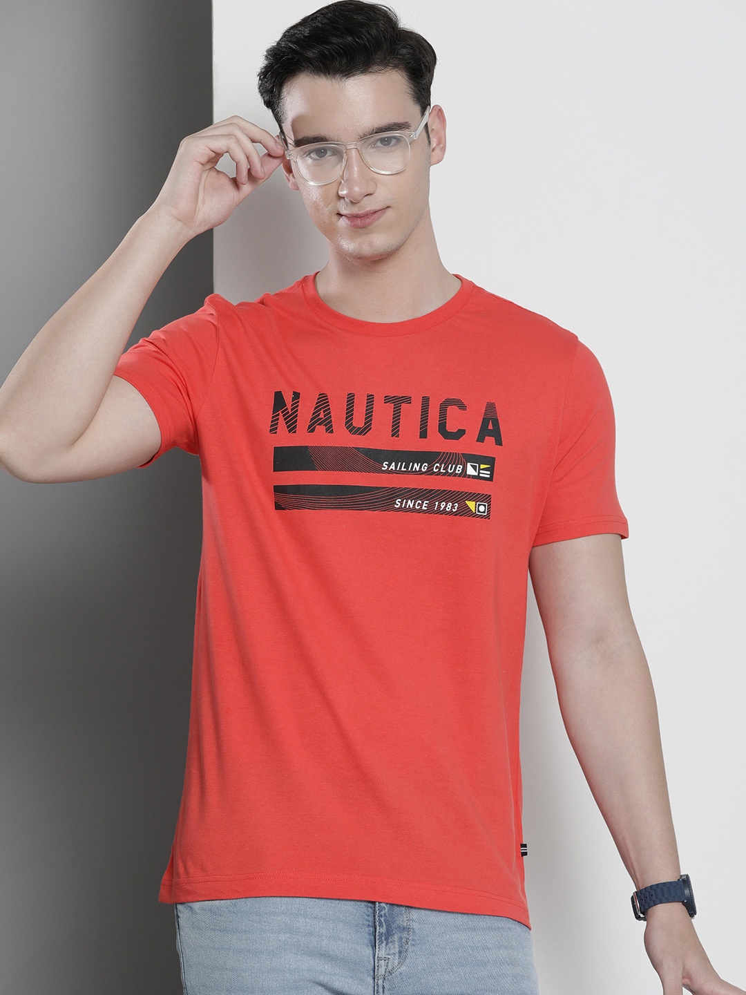 

Nautica Men Typography Printed Pure Cotton T-shirt, Red