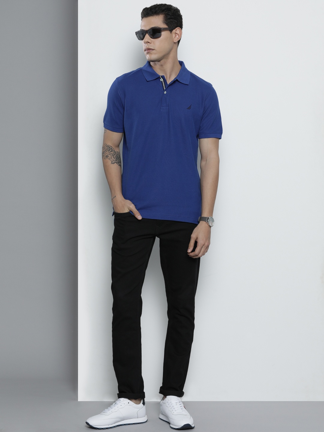 

Nautica Men Dark Blue Solid Polo Collar Regular Sleeves Embroidered Pure Cotton T-shirt