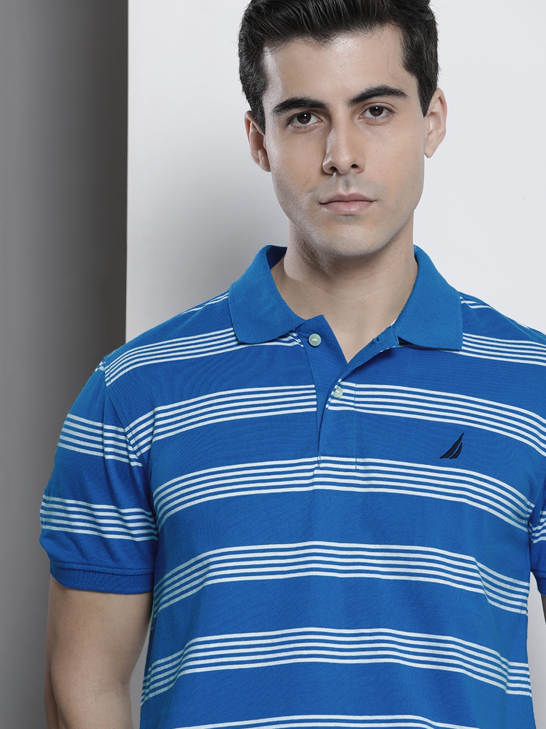 

Nautica Men Blue Striped Polo Collar T-shirt