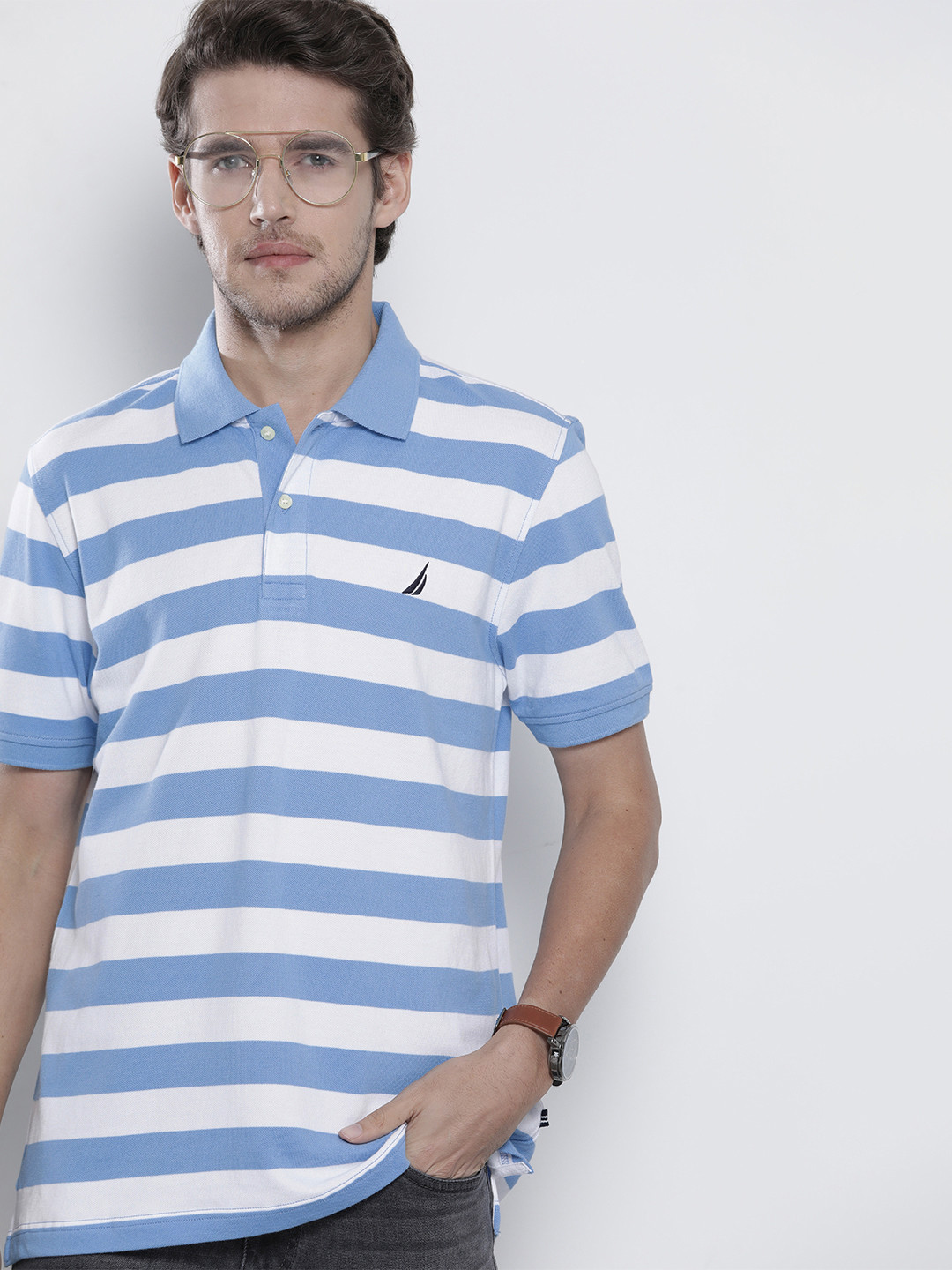 

Nautica Men Blue & White Striped Polo Collar Pure Cotton Casual T-shirt