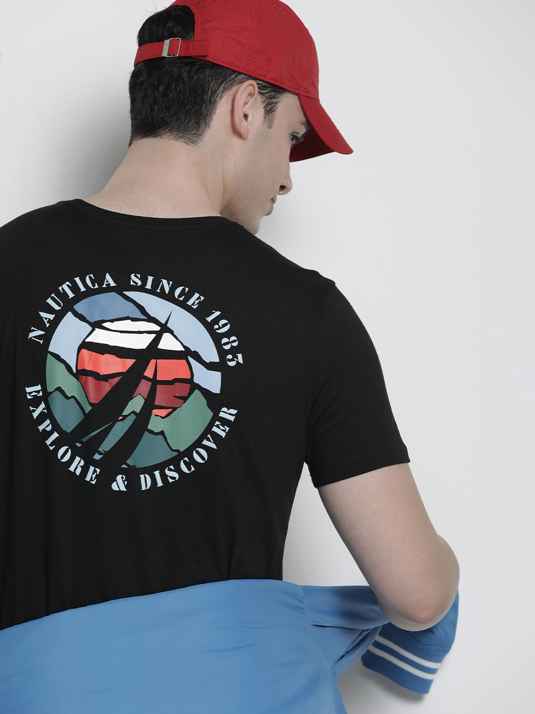 

Nautica Men Brand Logo Printed Pure Cotton T-shirt, Black
