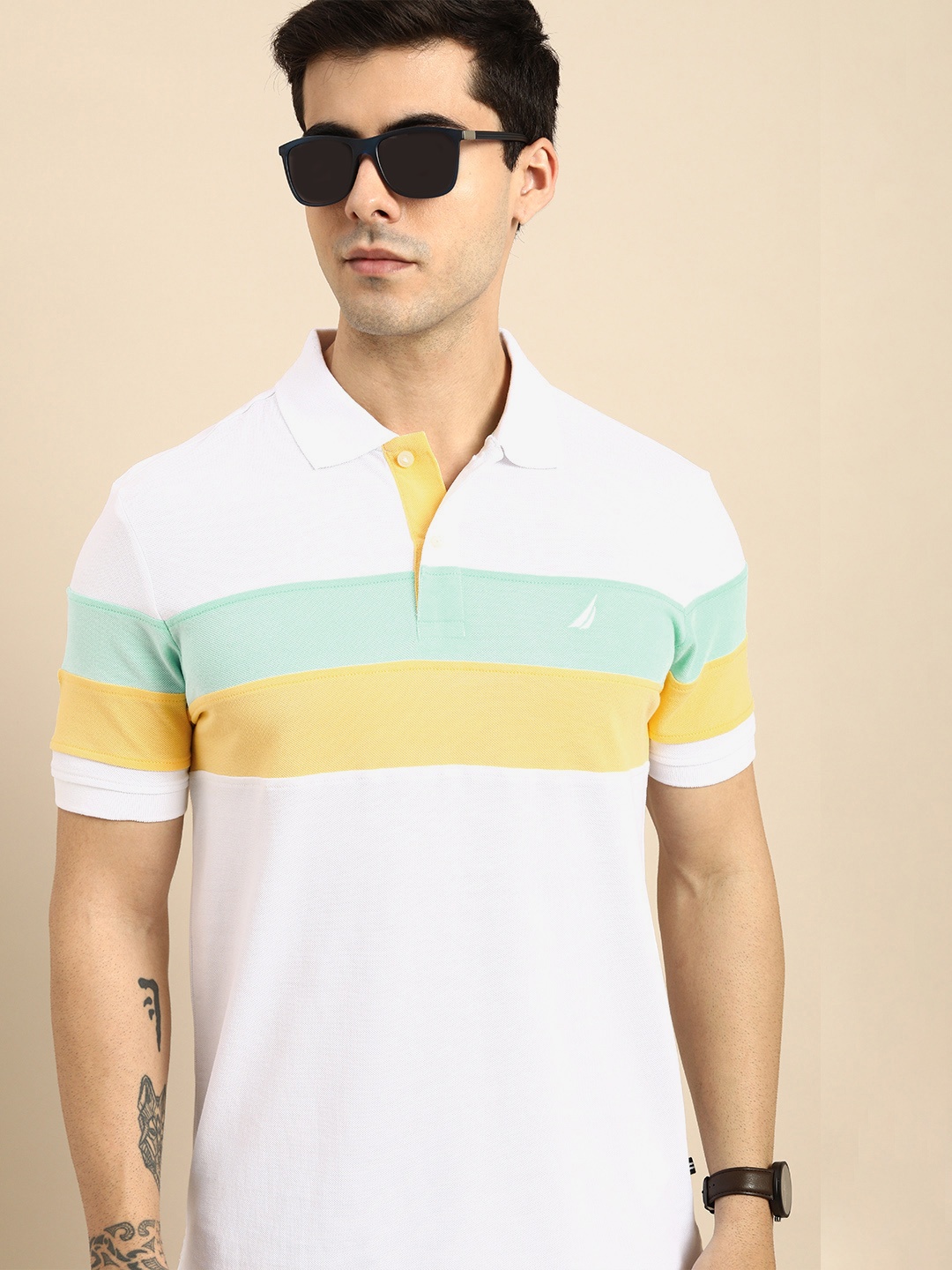 

Nautica Men White & Blue Striped Polo Collar Embroidered Pure Cotton T-shirt