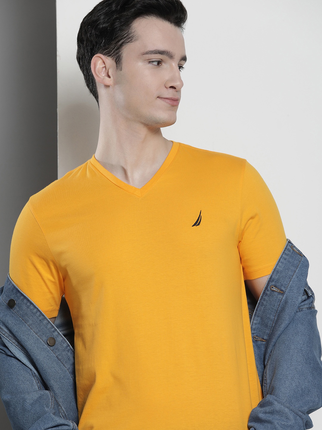 

Nautica Men V-Neck Pure Cotton Slim Fit T-shirt, Mustard