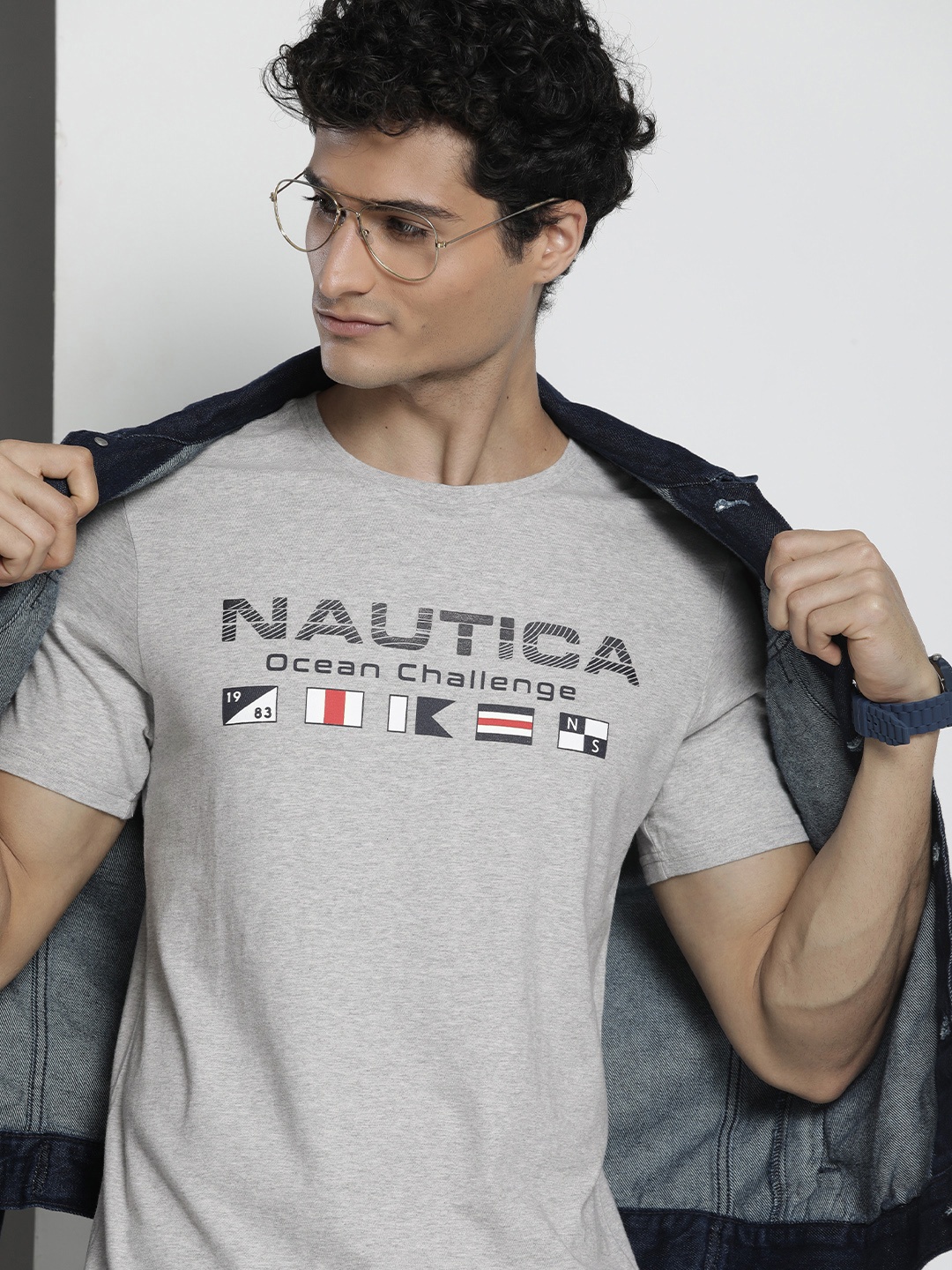 

Nautica Men Brand Logo Printed Pure Cotton T-shirt, Grey melange
